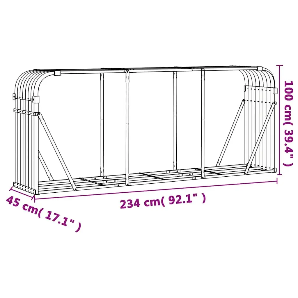 Log Storage Rack Heavy Duty Galvanised Steel 234x45x100cm Anthracite for Fireplace and Log Burner