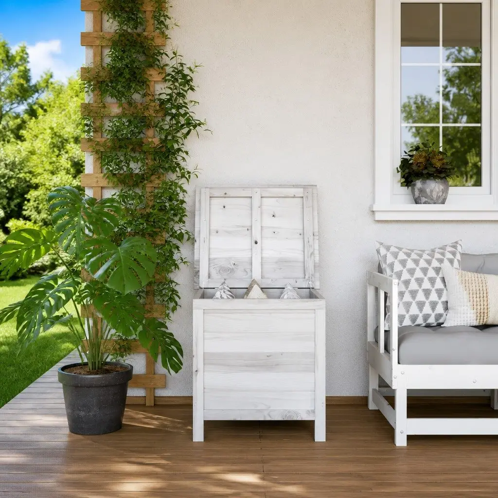 Garden Storage Box White Outdoor Solid Wood Furniture Deck Patio Cushion Shed