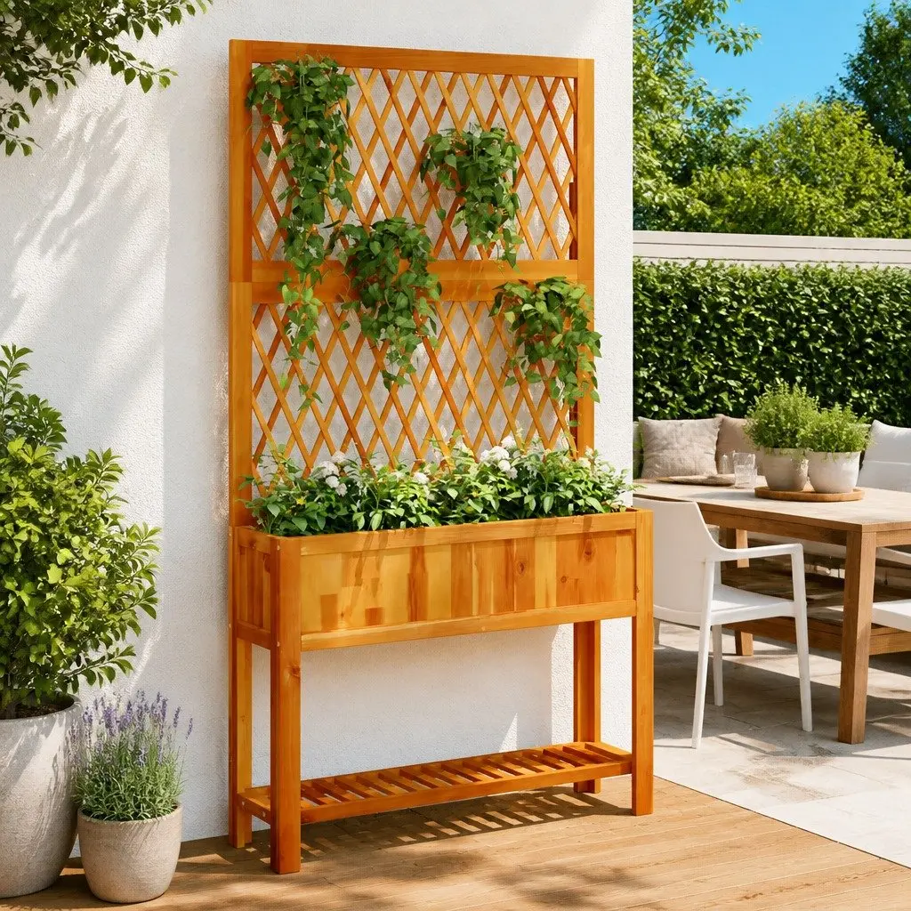 Wooden Planter Acacia Tall Brown with Trellis Shelf for Garden Patio Outdoor