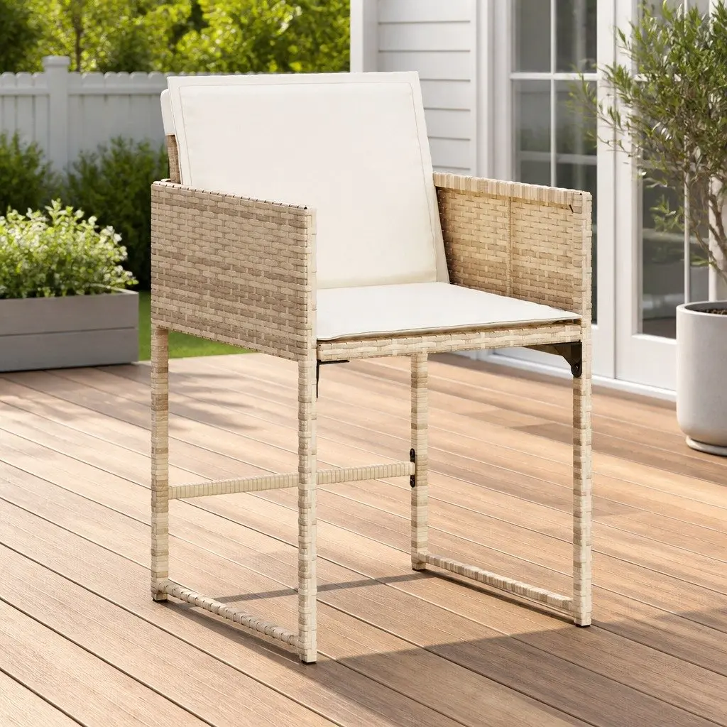 4 Piece Outdoor Seating Chairs Beige Padded Cushions Poly Rattan Foldable Backrest