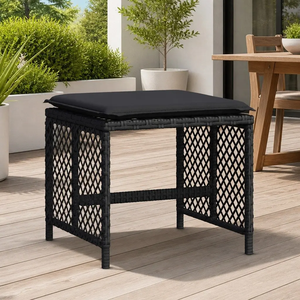 Outdoor Foot Rest Stools Set of 4 Cushioned Black PE Rattan Powder Coated Steel 41x41x36cm