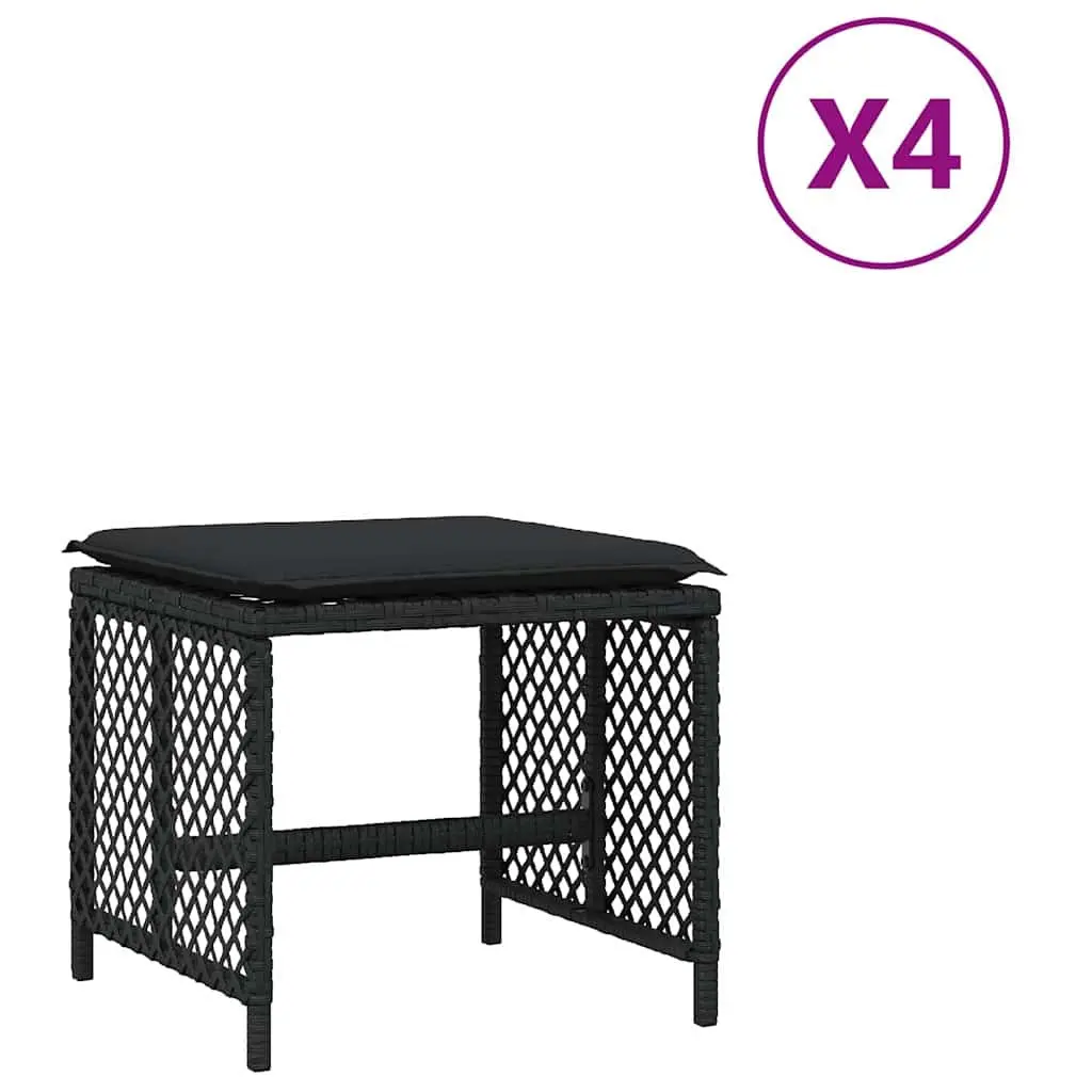 Outdoor Foot Rest Stools Set of 4 Cushioned Black PE Rattan Powder Coated Steel 41x41x36cm