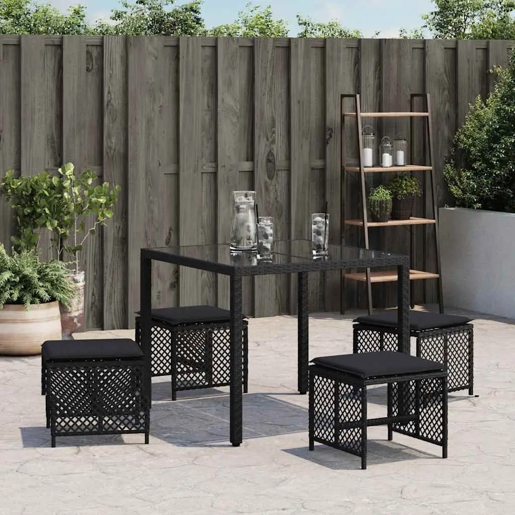 Outdoor Foot Rest Stools Set of 4 Cushioned Black PE Rattan Powder Coated Steel 41x41x36cm