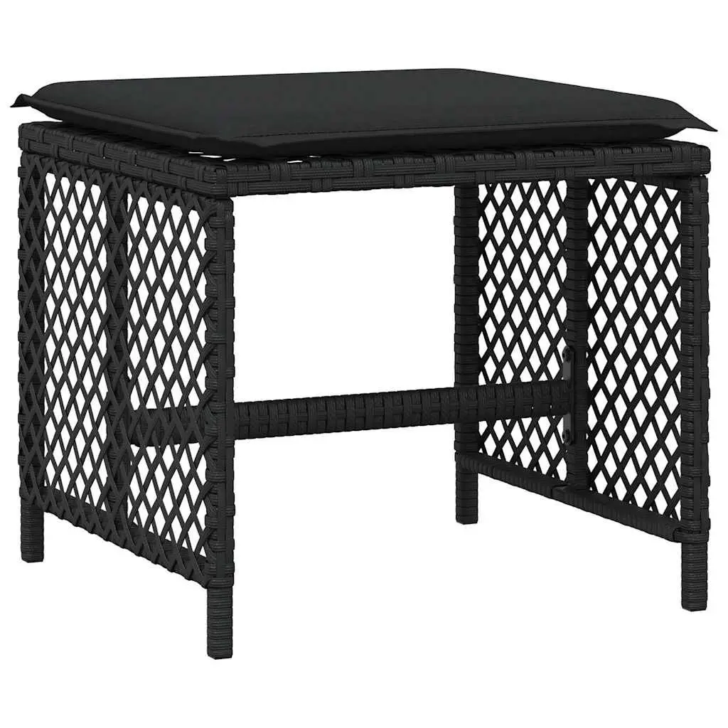 Outdoor Foot Rest Stools Set of 4 Cushioned Black PE Rattan Powder Coated Steel 41x41x36cm