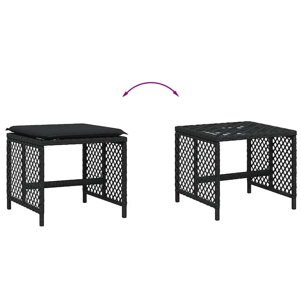 Outdoor Foot Rest Stools Set of 4 Cushioned Black PE Rattan Powder Coated Steel 41x41x36cm