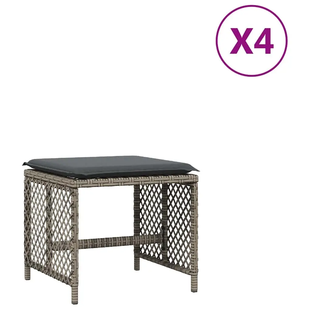 Outdoor Garden Stools Grey 4 Piece Set Cushioned Seating 41x41x36cm Durable Powder Coated Steel Frame PE Rattan Construction