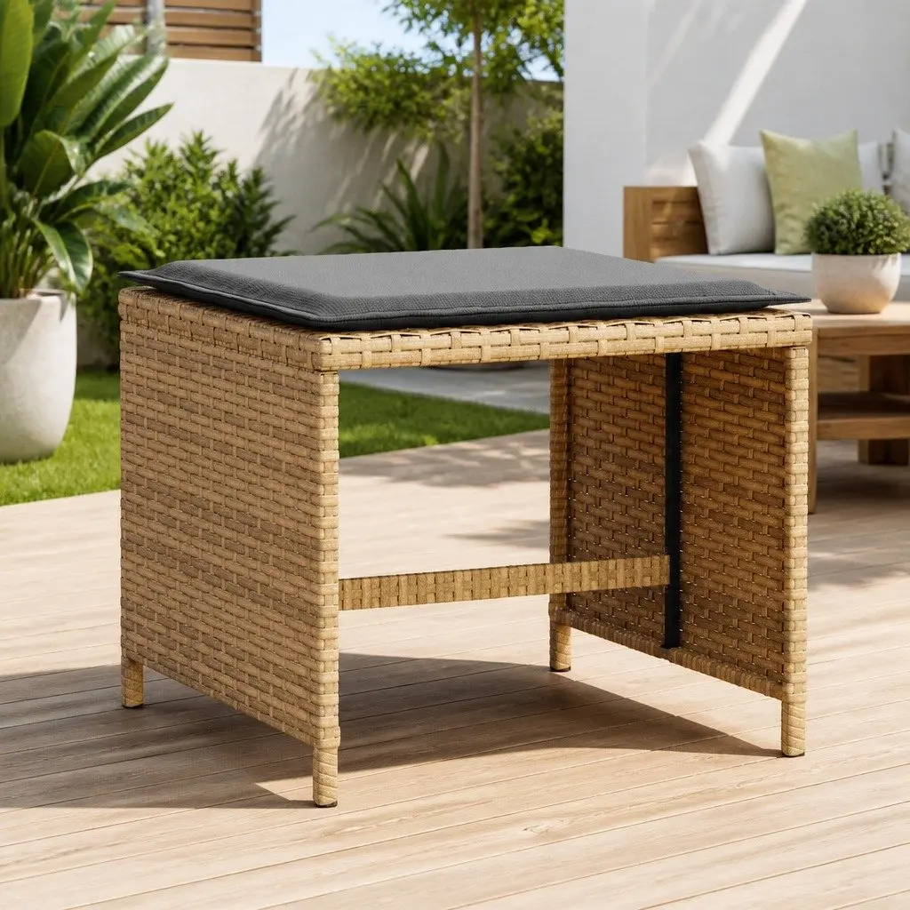 Garden Stools Poly Rattan 4 Piece Beige Outdoor Cushioned Seating