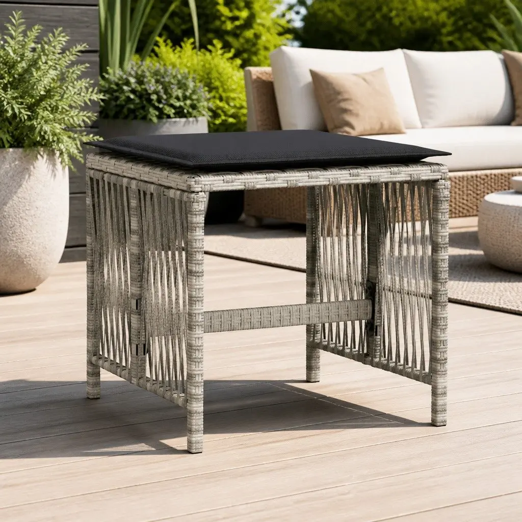 4 Piece Grey Outdoor Footrests Garden Stools Poly Rattan with Cushions