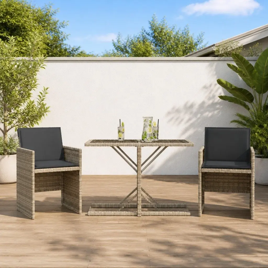 3 Piece Bistro Set PE Rattan Grey Chairs Table Outdoor Garden Patio Furniture