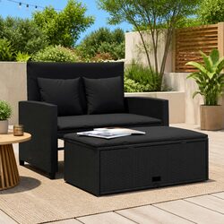 2-Seater Garden Sofa Bed Outdoor Furniture with Cushions Footstool Black