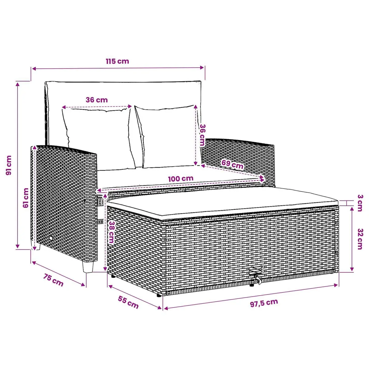 2-Seater Sofa Bed for Outdoor Use with Cushions