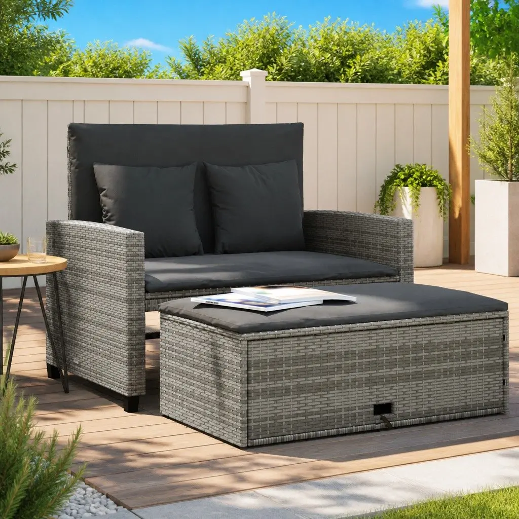 Garden Sofa 2-Seater with Cushions Grey Poly Rattan Outdoor Bench Sofa Bed