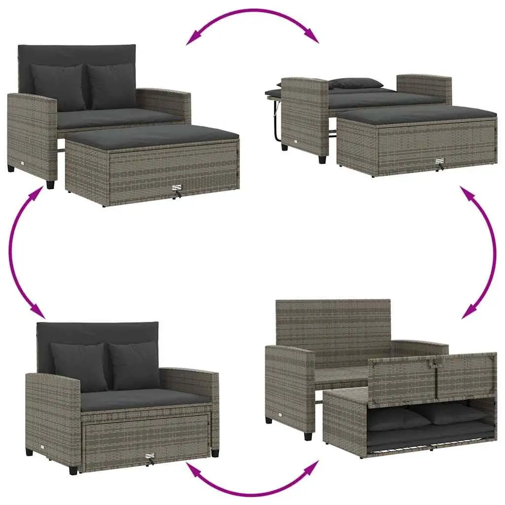 Garden Sofa 2-Seater with Cushions Grey Poly Rattan Outdoor Bench Sofa Bed