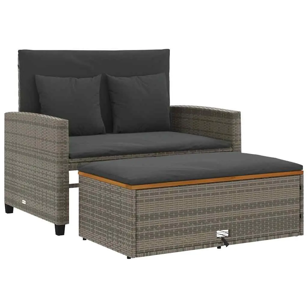 2-Seater Garden Sofa Bench PE Rattan Acacia Wood Grey with Cushions Outdoor
