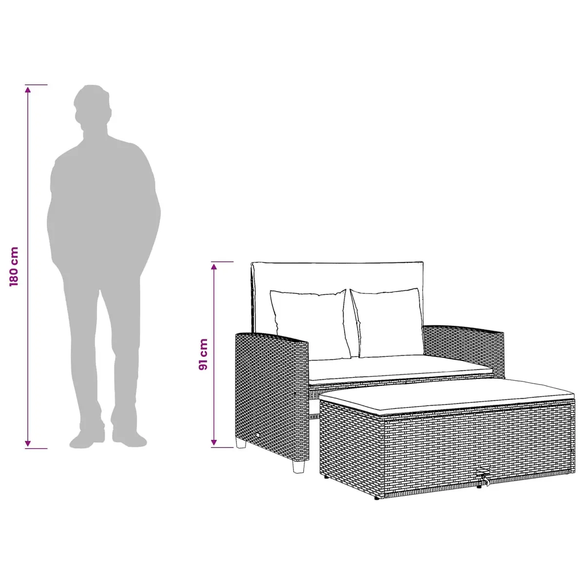 2-Seater Garden Sofa Bench PE Rattan Acacia Wood Grey with Cushions Outdoor