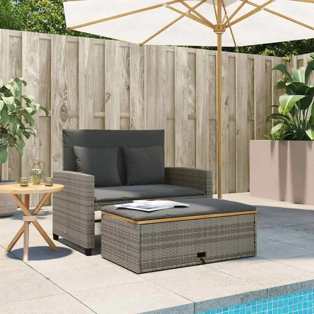 2-Seater Garden Sofa Bench PE Rattan Acacia Wood Grey with Cushions Outdoor