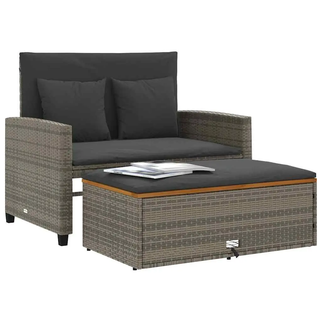 2-Seater Garden Sofa Bench PE Rattan Acacia Wood Grey with Cushions Outdoor