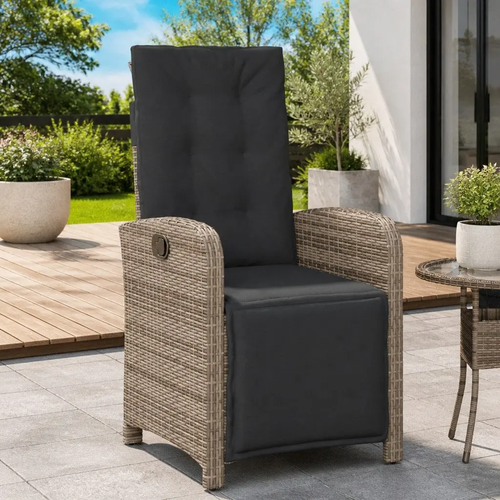 Reclining Garden Chair PE Rattan Adjustable Backrest Footrest Powder-coated Steel Grey