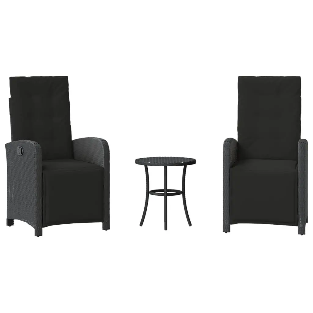 3 Piece Bistro Set Poly Rattan Cushioned Black Outdoor Garden Furniture