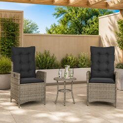 Reclining Outdoor Garden Chairs 2pc Set Grey Poly Rattan with Cushions