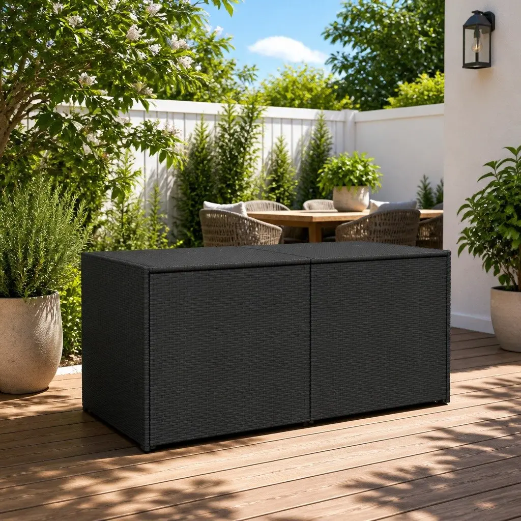 Outdoor Garden Storage Box Poly Rattan 283L Black Weather Resistant Patio Chest
