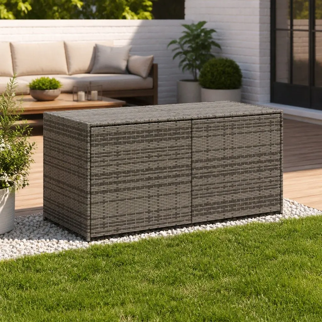 Garden Storage Box Outdoor Grey Poly Rattan 283L Cushion Patio Furniture