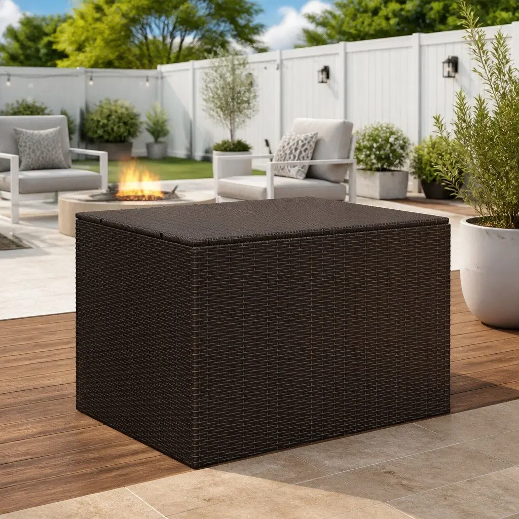 Garden Storage Box Poly Rattan 291L Brown Outdoor Patio Container