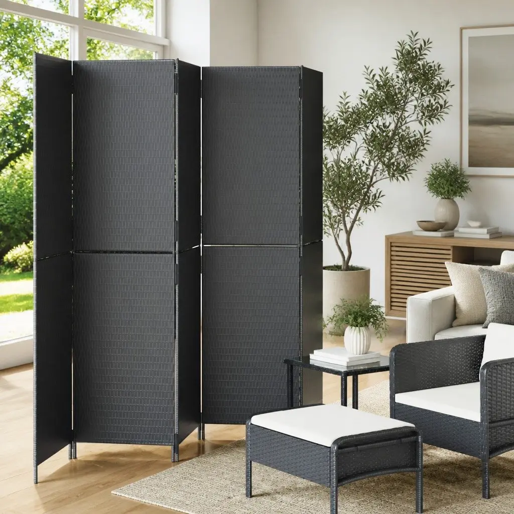 Room Divider Poly Rattan 5 Panels Black Folding Partition