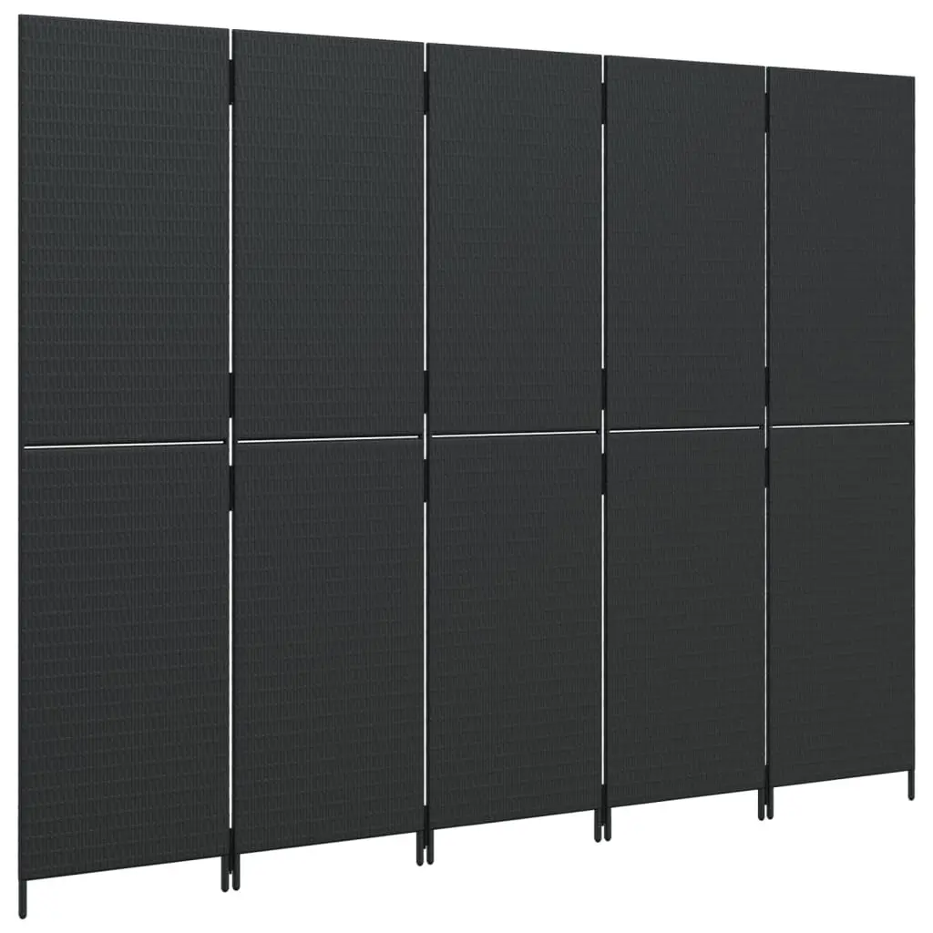 Room Divider Poly Rattan 5 Panels Black Folding Partition