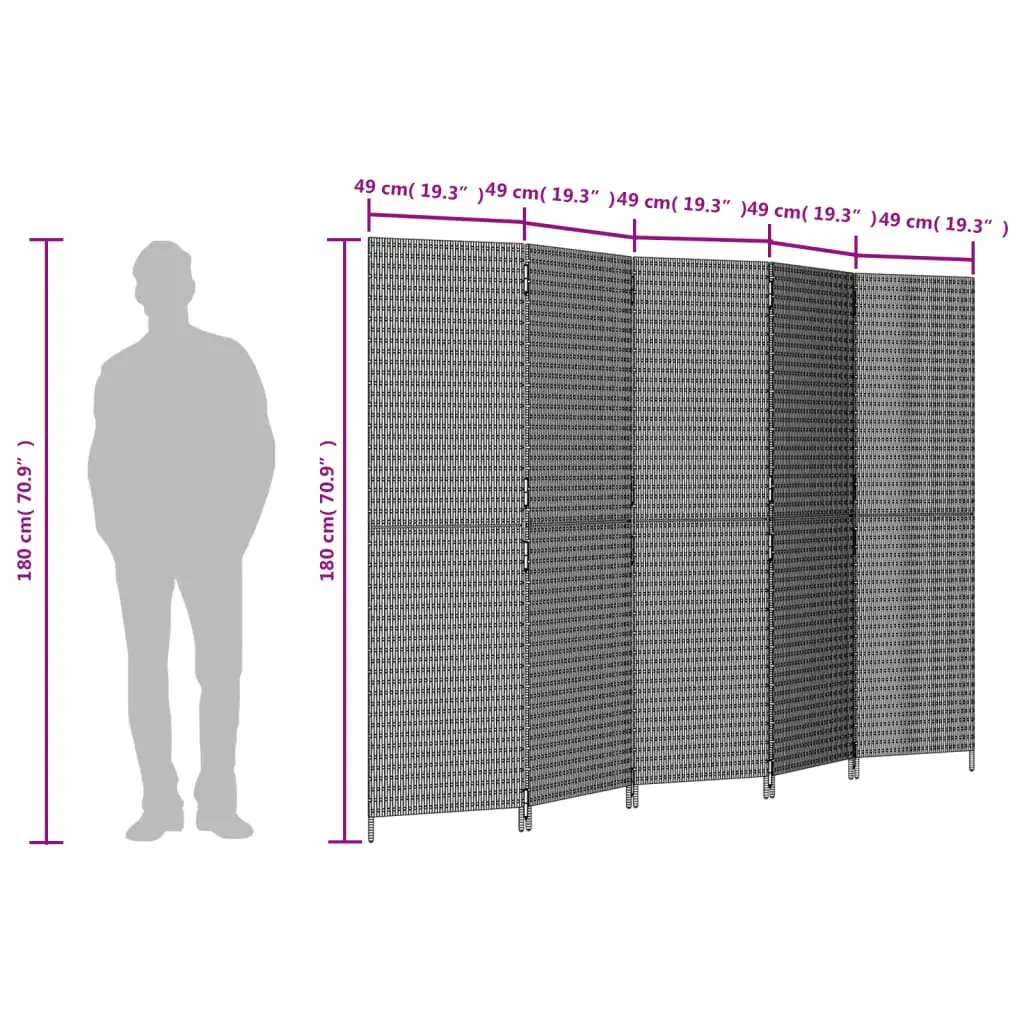 Room Divider Poly Rattan 5 Panels Black Folding Partition