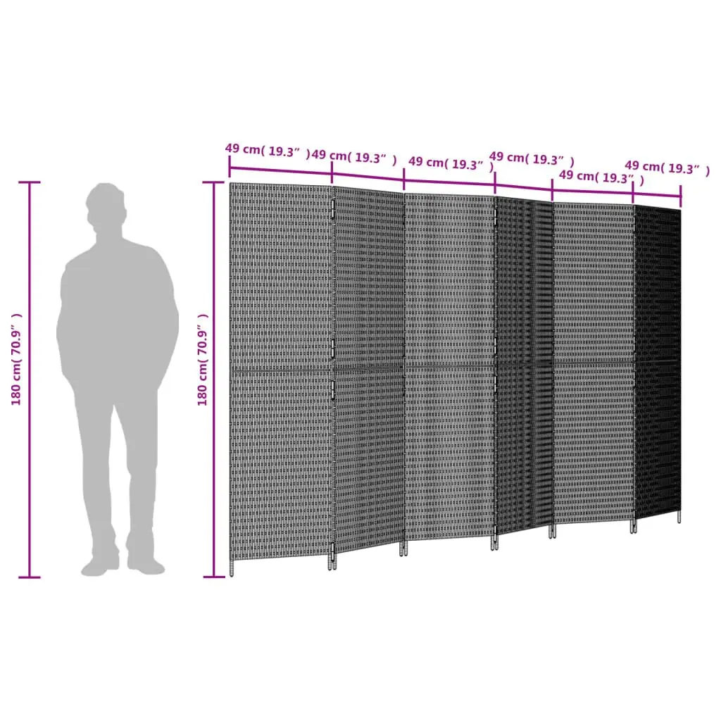 6 Panel Folding Partition Privacy Screen Poly Rattan Black Room Divider Indoor Outdoor Use