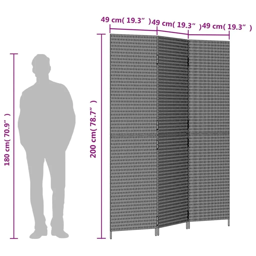 Room Divider Privacy Screen 3 Panels Grey Poly Rattan Folding Partition Indoor