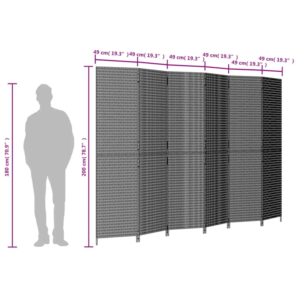 Room Divider Poly Rattan 6 Panels Black Folding Partition Indoor Outdoor