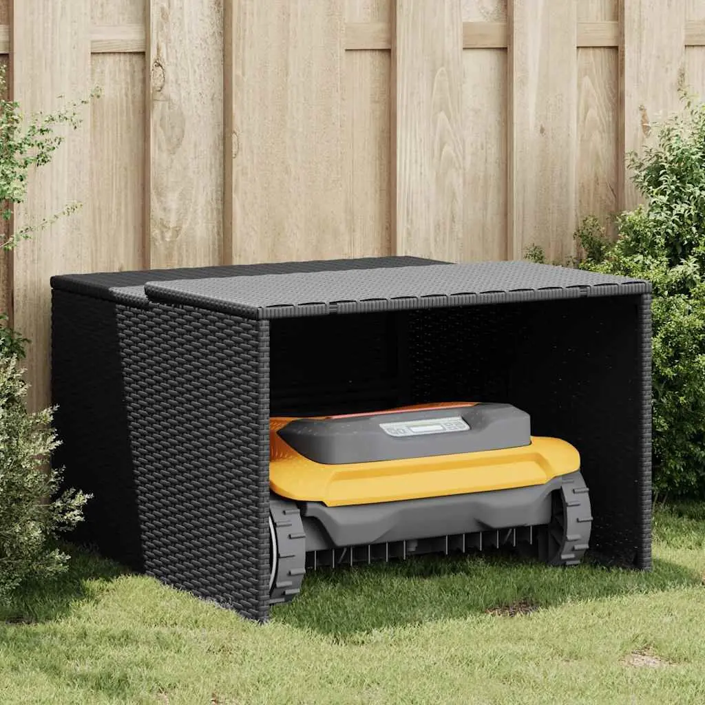 Robot Mower Garage PE Rattan Powder-coated Steel 86x90x52cm Black Outdoor Storage Shed