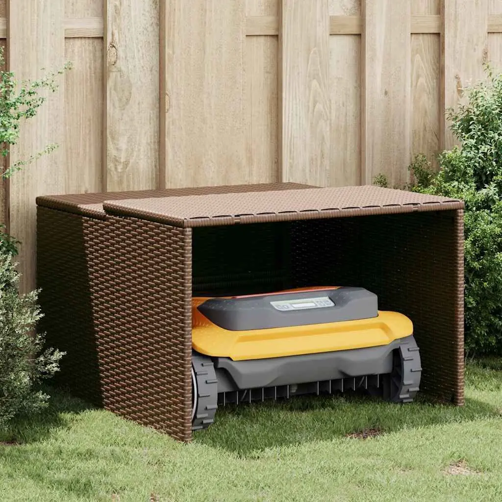 Robot Mower Garage PE Rattan Brown Outdoor Storage Shed 86 x 90 x 52/57 cm