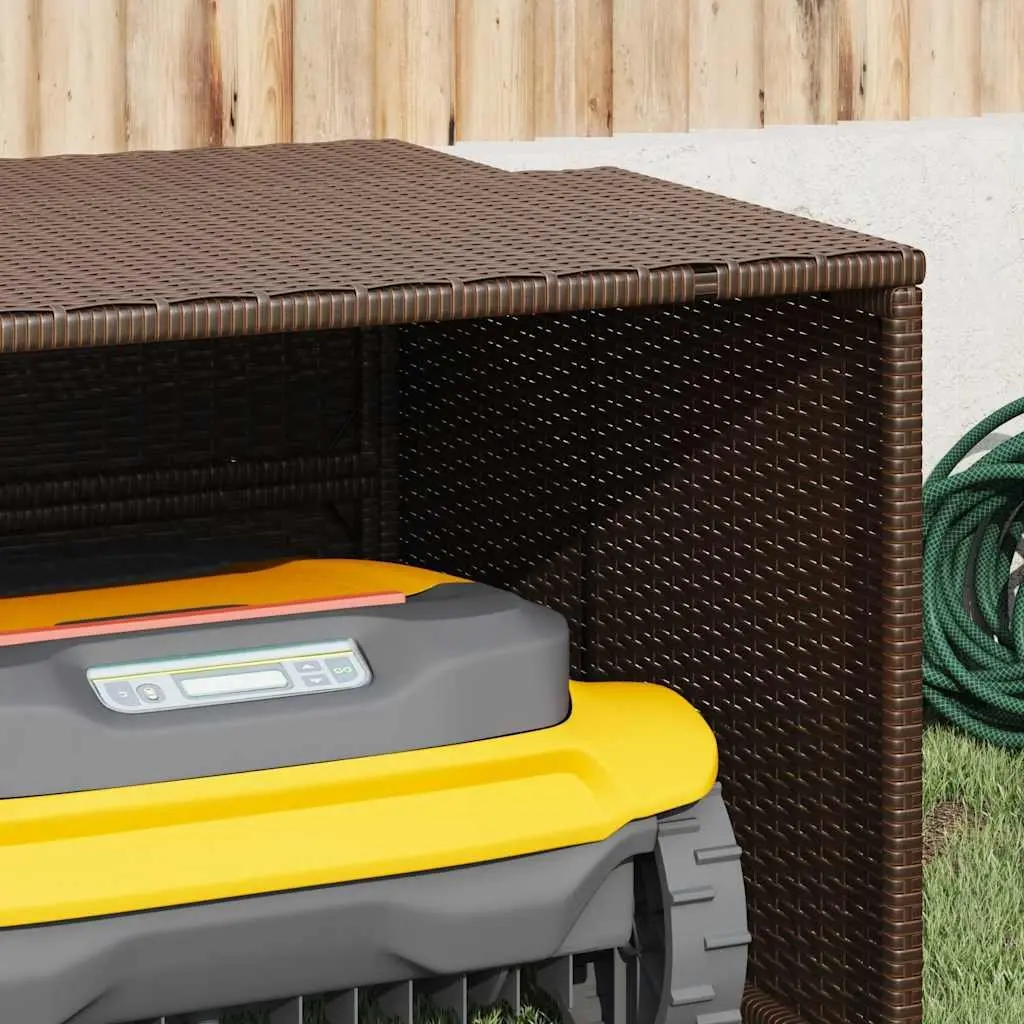 Robot Mower Garage PE Rattan Brown Outdoor Storage Shed 86 x 90 x 52/57 cm