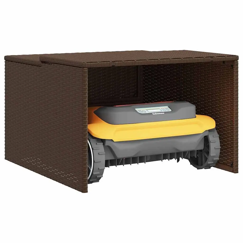 Robot Mower Garage PE Rattan Brown Outdoor Storage Shed 86 x 90 x 52/57 cm