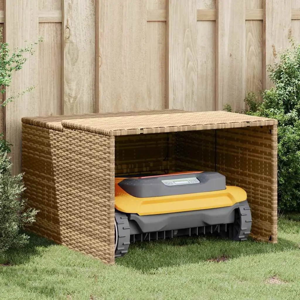 Robot Mower Garage PE Rattan Frame Powder-Coated Steel 86 x 90 x 52/57 cm Beige Outdoor Storage Shed
