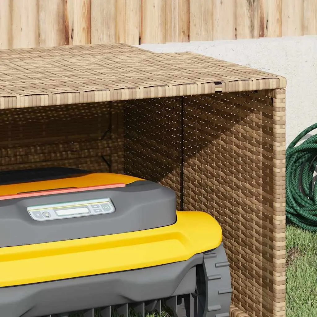 Robot Mower Garage PE Rattan Frame Powder-Coated Steel 86 x 90 x 52/57 cm Beige Outdoor Storage Shed