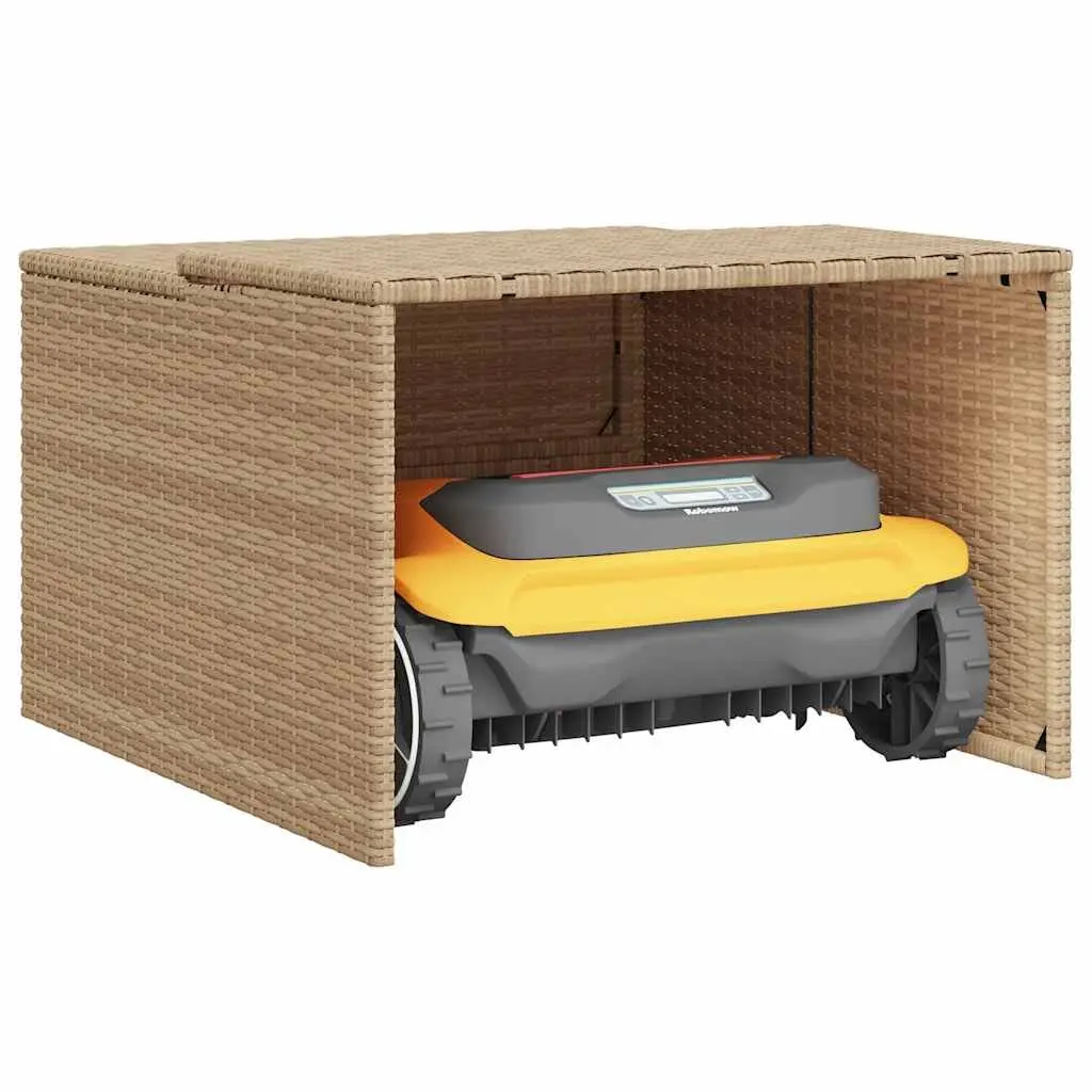 Robot Mower Garage PE Rattan Frame Powder-Coated Steel 86 x 90 x 52/57 cm Beige Outdoor Storage Shed