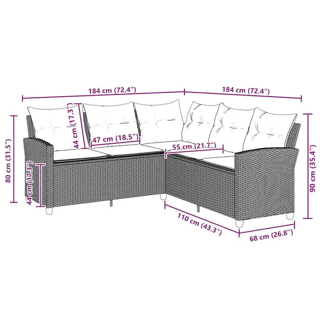 L-Shaped Couch Sofa Poly Rattan Grey with Cushions Outdoor Garden Patio