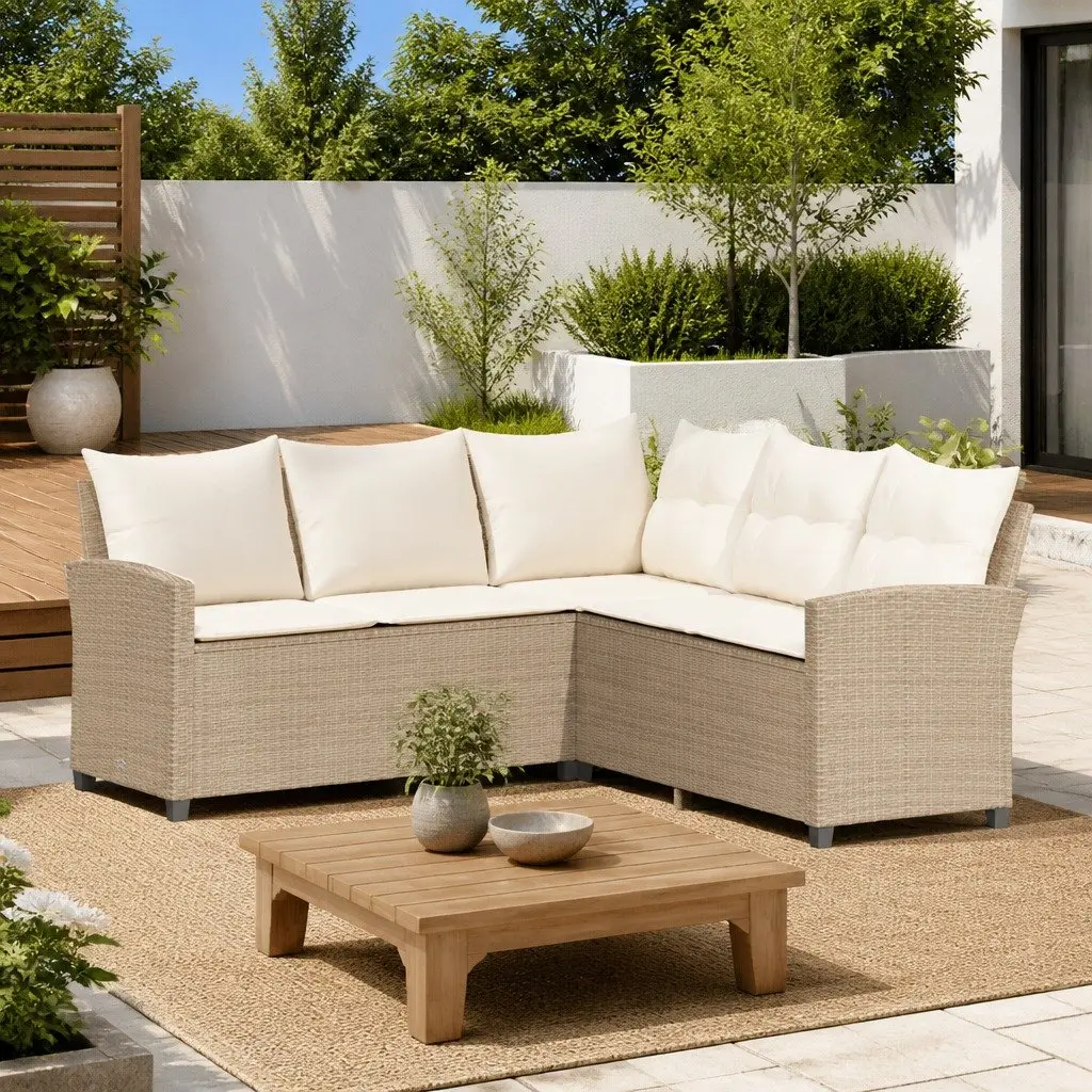 L Shaped Couch Sofa Beige Poly Rattan Outdoor Garden Patio with Cushions Weather Resistant