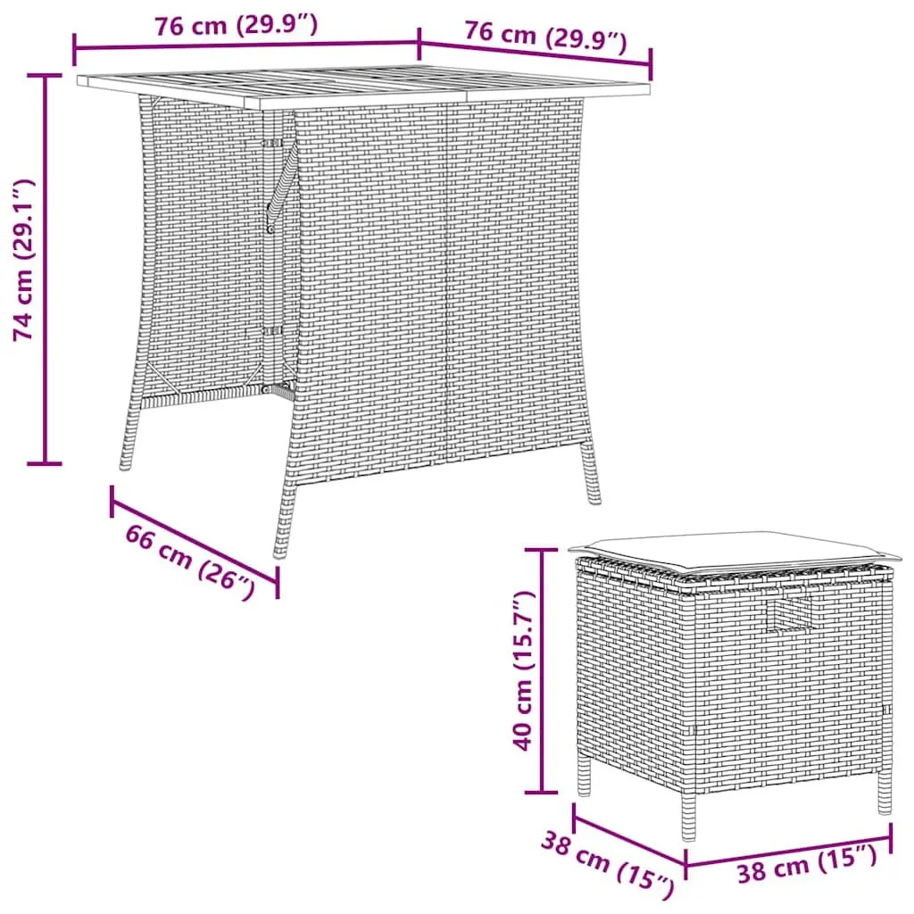 5 Piece Garden Dining Set Poly Rattan Acacia Wood Table Grey Outdoor Chairs with Cushions