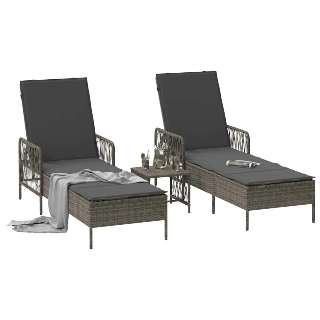 Sun Lounger Set 3 Piece Powder Coated Steel and Poly Rattan Adjustable Backrest Grey and Dark Grey Outdoor Garden Patio Furniture