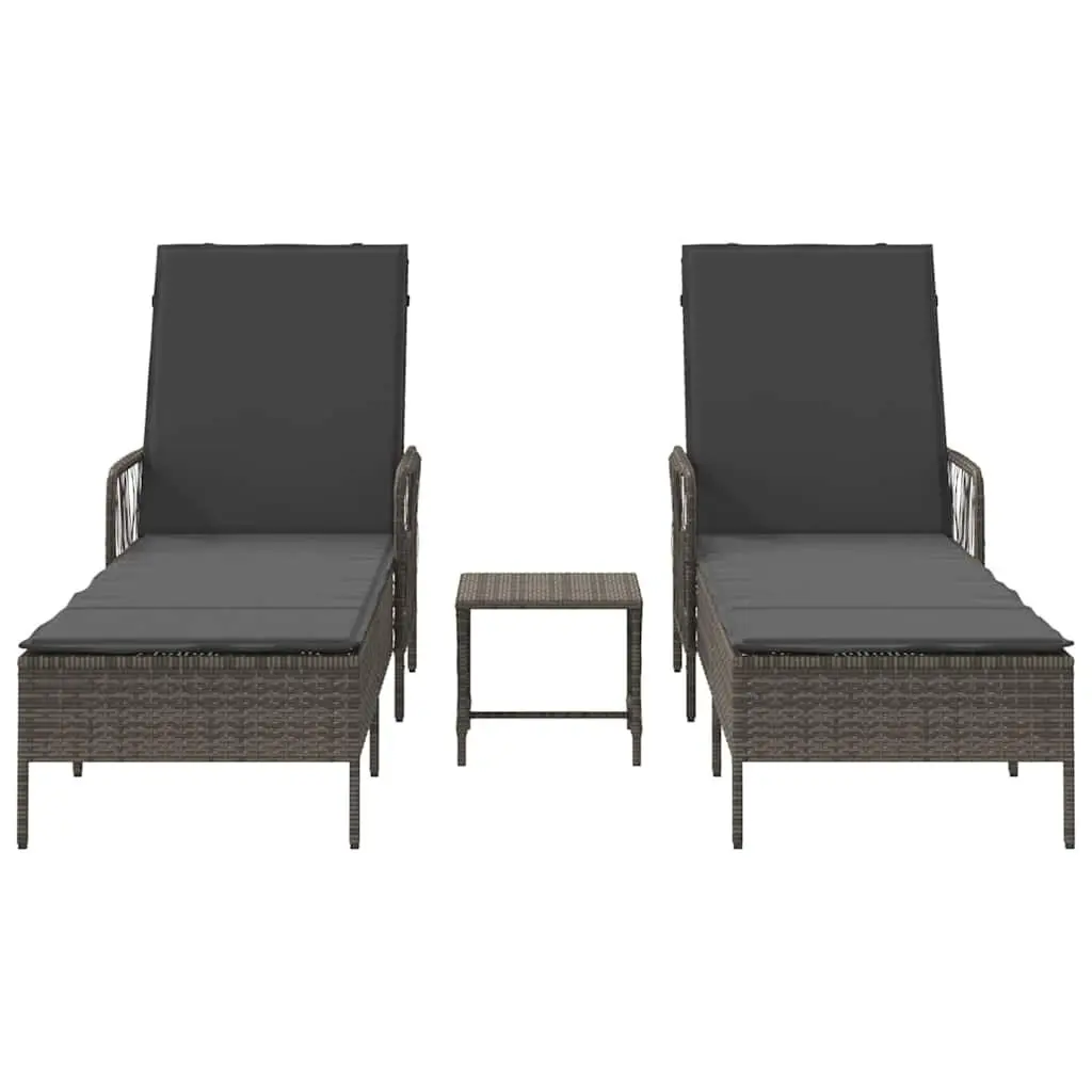 Sun Lounger Set 3 Piece Powder Coated Steel and Poly Rattan Adjustable Backrest Grey and Dark Grey Outdoor Garden Patio Furniture