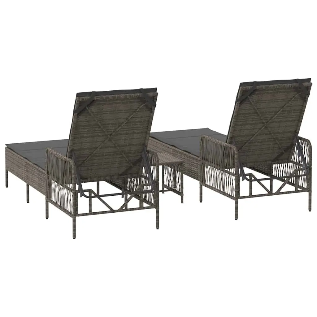 Sun Lounger Set 3 Piece Powder Coated Steel and Poly Rattan Adjustable Backrest Grey and Dark Grey Outdoor Garden Patio Furniture