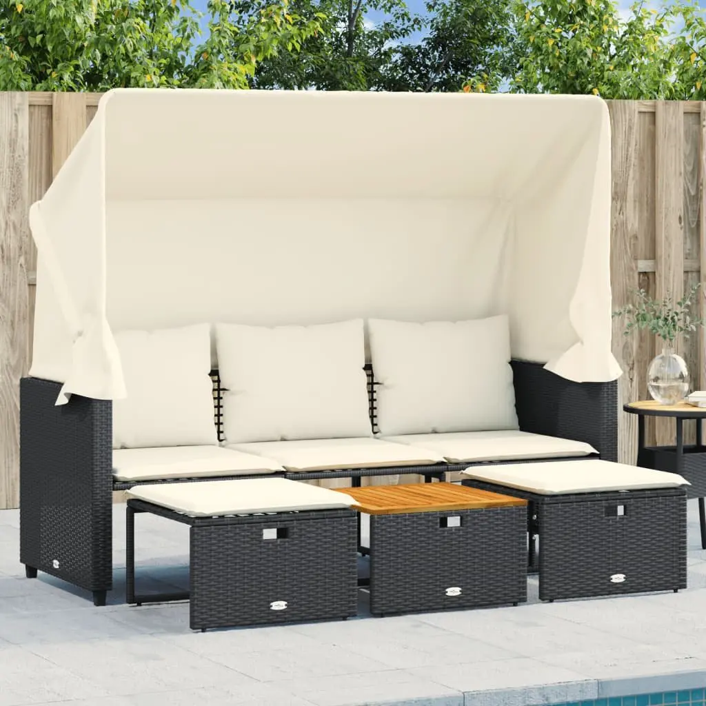 Outdoor Patio Sofa 3-Seater with Retractable Canopy Stools Black PE Rattan