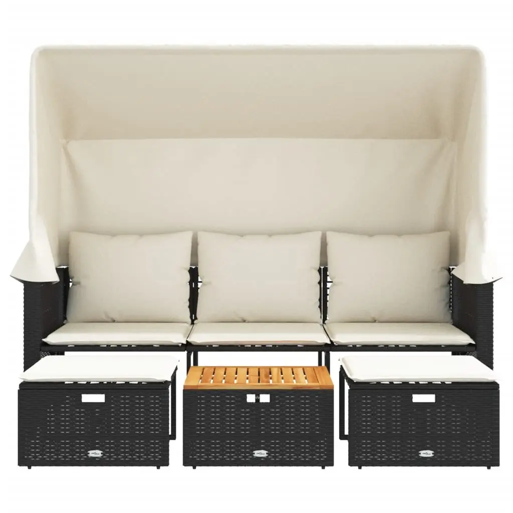 Outdoor Patio Sofa 3-Seater with Retractable Canopy Stools Black PE Rattan