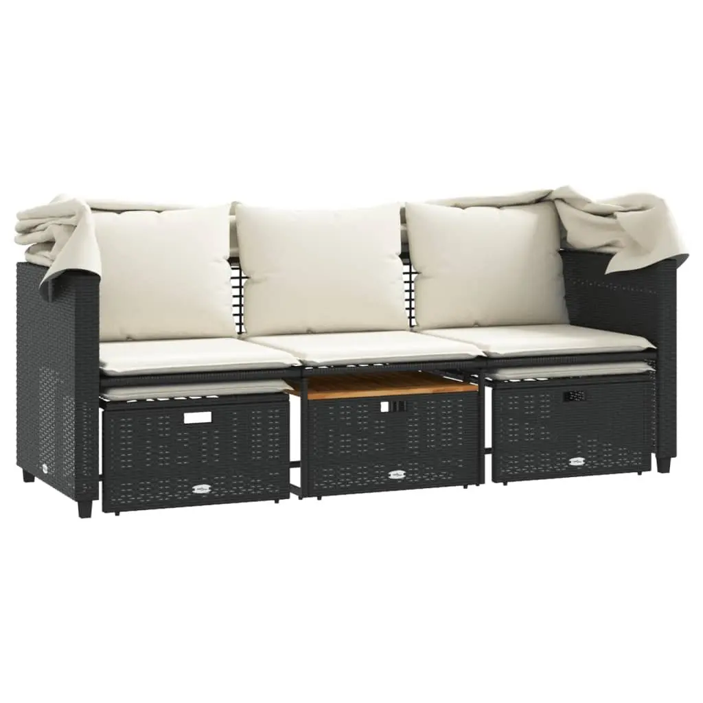 Outdoor Patio Sofa 3-Seater with Retractable Canopy Stools Black PE Rattan