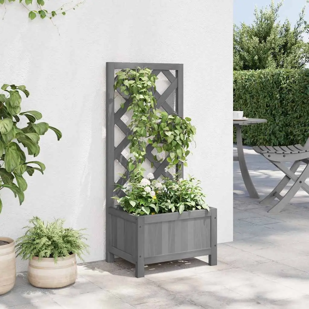 Wooden Grey Planter Outdoor with Trellis Support for Climbing Plants in Garden and Patio